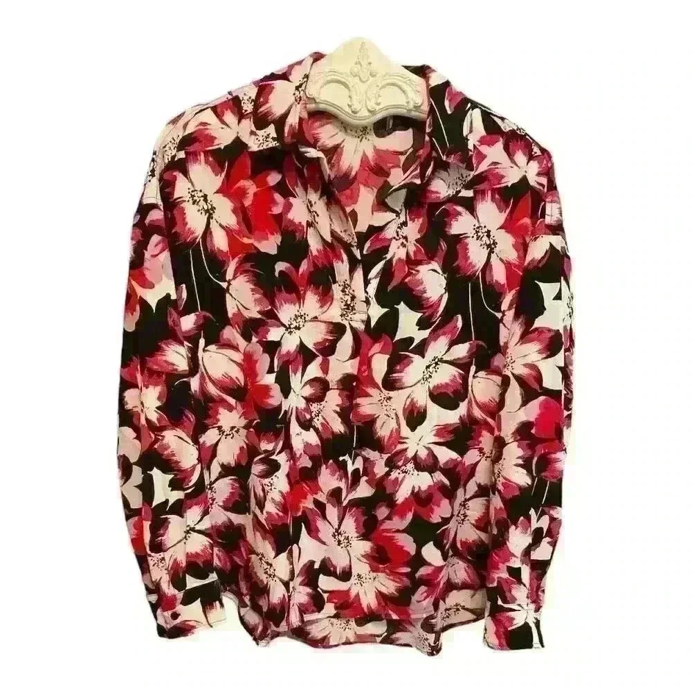 Rafaella Women's Floral Collared Blouse Multicolor Size M Long Sleeve